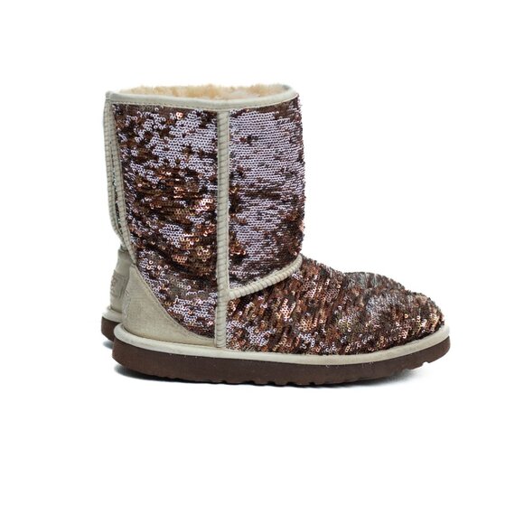 UGG Classic Short Copper/Silver Sparkle Boots Womens 7 Genuine Sheepskin Lining - Picture 2 of 14